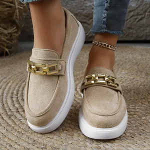 Damen Casual Plateau Loafer Metallschnalle Slipper Wanderschuhe Einfarbig PU-Leder Flats Frühling Herbst