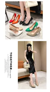 Model wearing elegant nude pointed-toe stiletto pumps with various color options shown