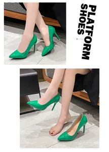 Green patent leather pointed toe stiletto pumps shown on a model from different angles