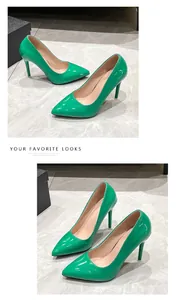 Professional close-up of vibrant green patent leather stiletto heels with pointed toe