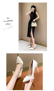 Close-up detail of elegant white pointed-toe patent leather stiletto high heels for women