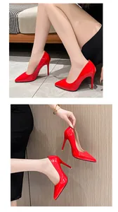 Elegant red patent leather pointed-toe stiletto heels for women evening party wear