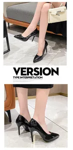 Detail view of elegant black patent leather pointed-toe stilettos worn by a model