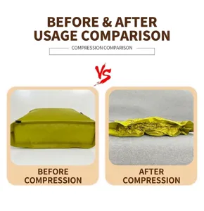Comparación visual detallada de la bolsa de vacío amarilla antes y después de comprimir.