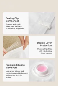 Detailed views of the thick vacuum storage bag showing the slider seal and suction valve