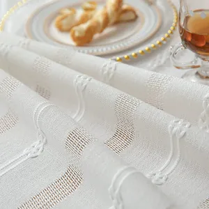 Vintage white hollow-out cotton linen tablecloth with delicate floral embroidery details