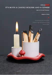 Multifunctional ceramic mushroom incense burner and candle holder set for Palo Santo