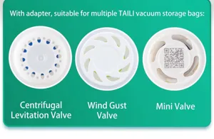 Tre tipi di valvole dell'aria e adattatori per sacchetti sottovuoto, versioni centrifuga e mini
