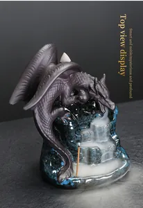 Detailed view of ceramic dragon backflow incense burner with waterfall smoke effect
