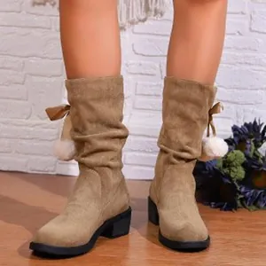Slouchy mid-calf boots with fur pom-poms and thick heels for women