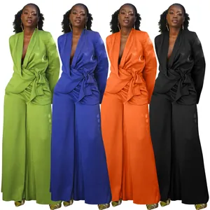 Women Top And Bottom Polyester Solid Color Notch Lapel Tie-Waist Wrap Top And Wide Leg Pants Office Casual Suits