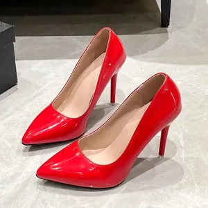 Elegant red patent leather pointed toe stiletto high heel pumps for formal banquet