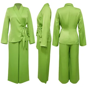 Three-way view of elegant lime green wrap blazer and wide-leg trousers set for women