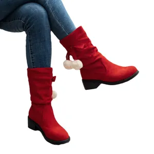 Stylish red mid-calf boots with white pom-poms and bow, thick heel and round toe design