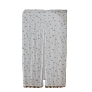 Minimalist floral cotton door curtain with bottom tassel trim for home partition