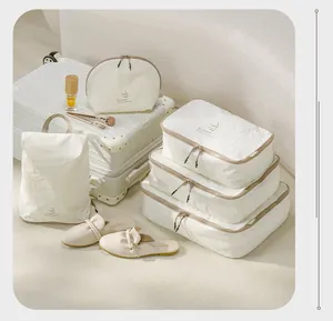 Detailed layout of the 5-piece Taslon travel organizer set by a suitcase