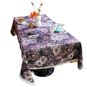 Elegant purple botanical floral tablecloth with fringe tassels for home dining decor