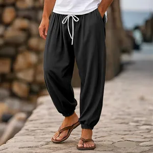 Casual μαύρο ανδρικό βαμβακερό λινό παντελόνι jogger με ελαστική μέση και κορδόνι