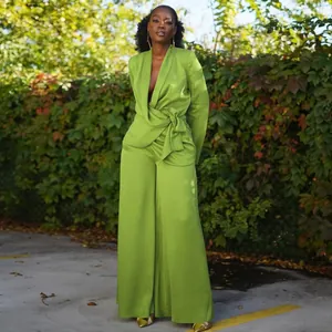 Full view of elegant lime green two-piece wrap blazer and wide-leg trousers set