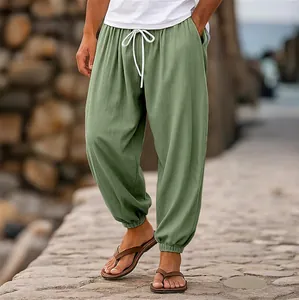 Ανδρικό παντελόνι jogger από βαμβάκι και λινάρι σε πράσινο της φασκόμηλου με κορδόνι