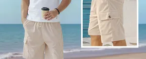 Close-up of beige corduroy shorts featuring multi-pocket design and ribbed texture detail.