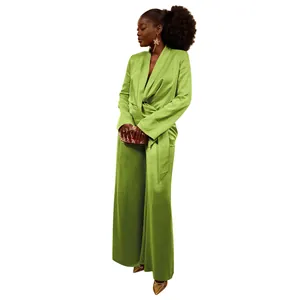 Elegant lime green satin two-piece set with tie-waist lapel top and wide-leg trousers