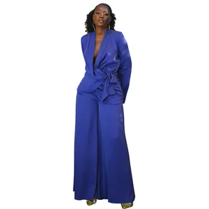 Elegant royal blue blazer collar tie-waist top and wide-leg pants two-piece set