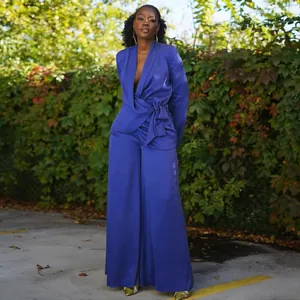 Elegant cobalt blue satin wrap top and wide-leg trousers two-piece set for women