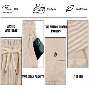 Detail view of men's beige corduroy cargo shorts showing elastic waist and pockets