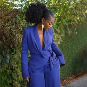 Elegant blue satin blazer set with wrap tie top and wide-leg trousers