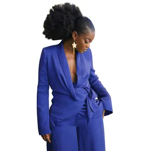 Full view of the royal blue elegant suit set showcasing the wrap top and wide pants