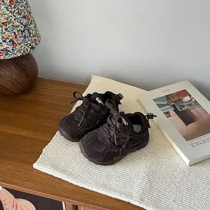 Casual brown mesh children's sneakers with breathable suede design for active kids