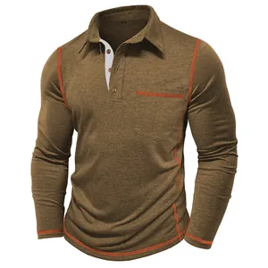 Heren poloshirt met lange mouwen in olijfgroen met oranje contraststiksels