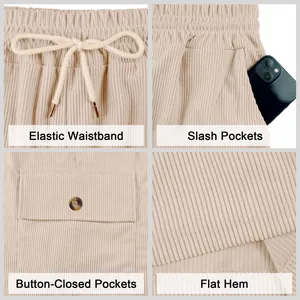 Detail view of men's corduroy cargo shorts showing waistband, pockets, and hem details.