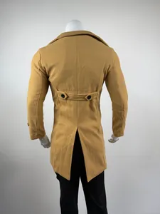 Back view of men's classic camel wool overcoat with back vent and decorative strap.