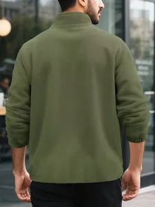 Back view of a men's olive green fleece sweatshirt featuring warm textured polar fabric.