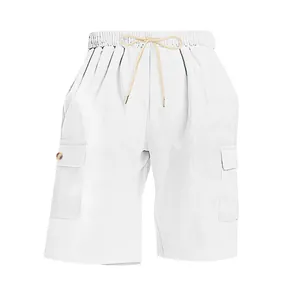 Close-up view of white corduroy men's cargo shorts featuring a drawstring waist