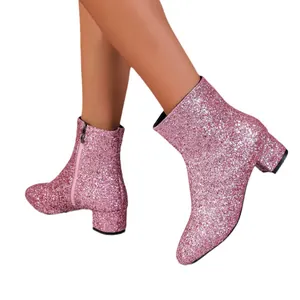 Stylish pink glittery chunky heel ankle boots with side zipper for women
