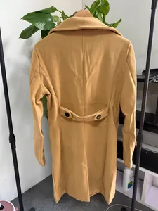 Back view of a classic camel wool trench coat for men with decorative waist strap