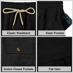 Detailed view of corduroy cargo shorts showing elastic waist and multiple pockets