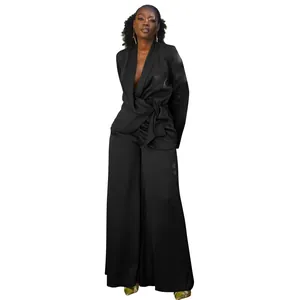 Elegant black long-sleeved wrap blazer and wide-leg trousers two-piece set for women.