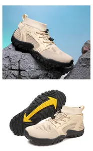 Detail view of breathable hiking shoes with non-slip rubber sole and mesh upper