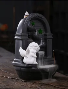 European style Cupid backflow incense burner with LED light stars and white angel figurine
