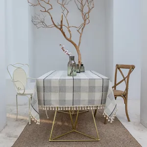 Nordisch Dunkelgrau Weiß Karo Baumwolle Leinen Tischdecke Mit Quasten Rechteckig Wabi-Sabi Karomuster Schreibtisch Abdeckung Für Zuhause Party Draußen