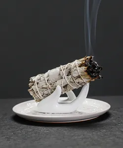 Macro-opname van brandende witte salie op een keramische houder in de vorm van een hand
