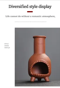 Detail showing a retro ceramic incense burner fireplace with clay texture and shape.