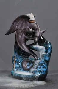 Detail of winged dragon backflow incense burner with blue kiln glaze and smoke effect