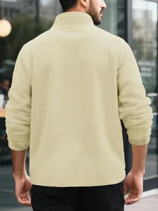 Detailed back view of a men's casual beige fleece sweatshirt for winter warmth.