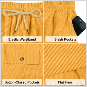 Details of yellow corduroy shorts: elastic waistband, slash pockets, and button pockets.