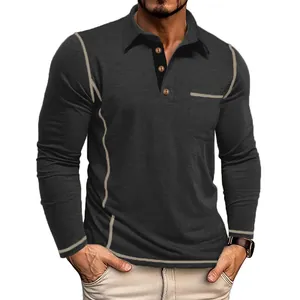 Heren poloshirt in antracietgrijs met lange mouwen, contrastnaden en een borstzak